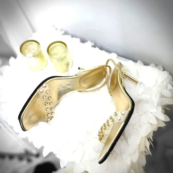 Zara shoes gold metallic kitten slingback heels  clear embellished vamp size 9 - Picture 7 of 11